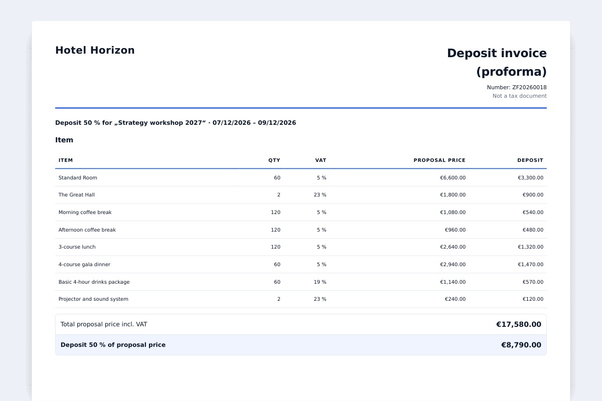 Verando · Contract and deposit invoice from the proposal