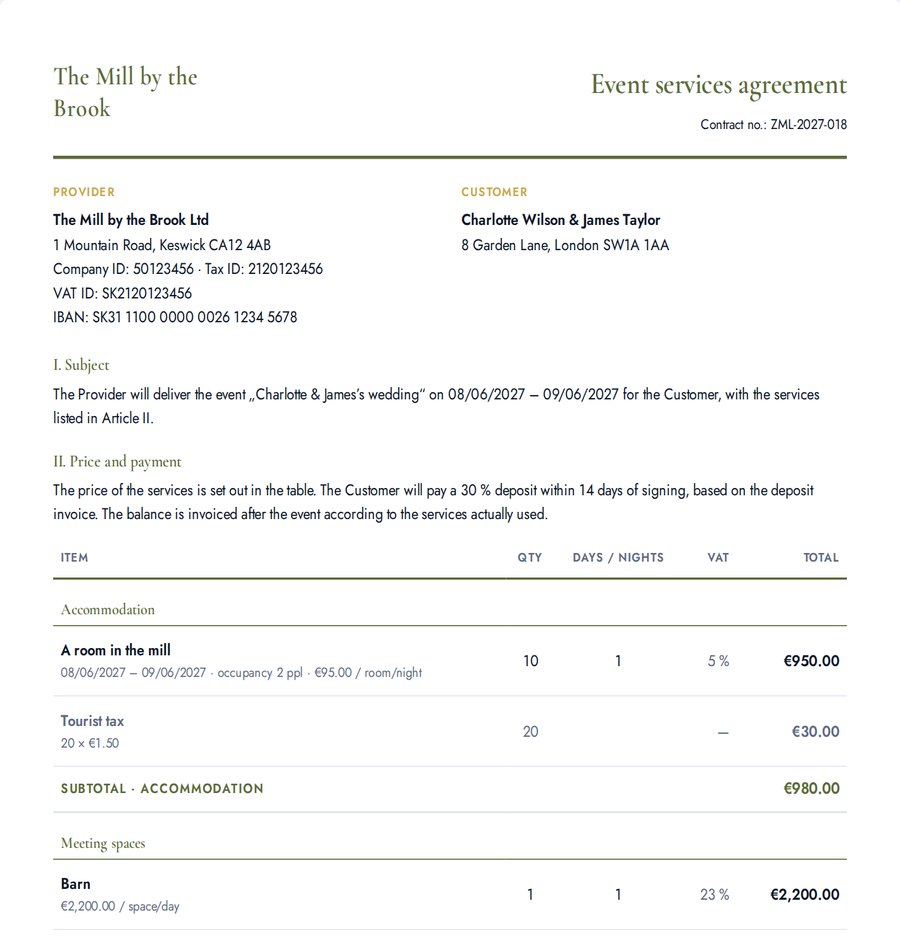 Verando · Contract and deposit invoice from the proposal